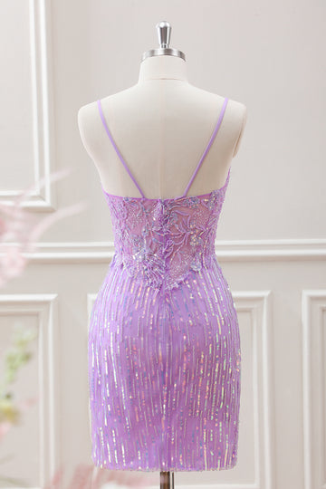 Sparkly Lilac Sequins Beaded Bodycon Mini Dress with Appliques